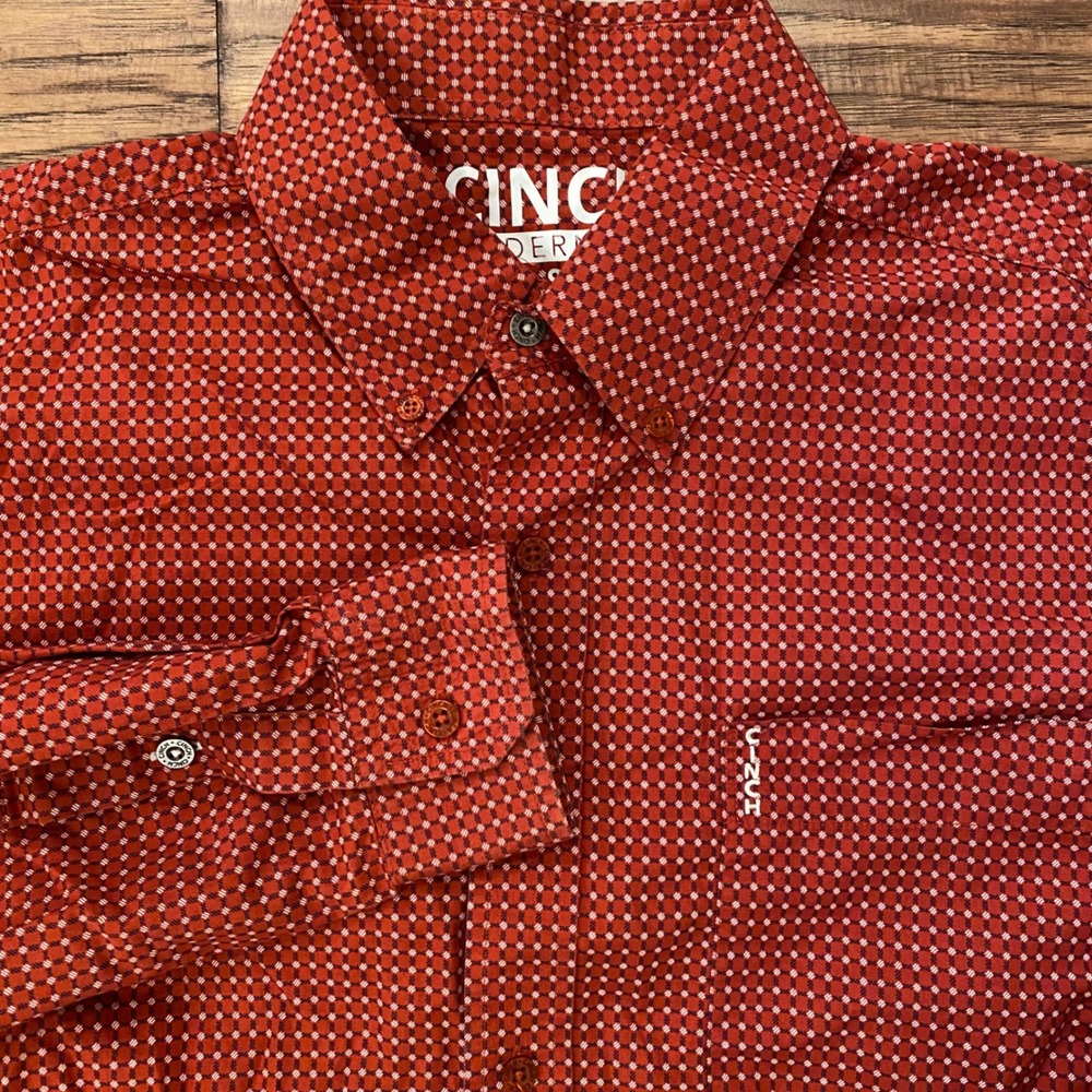 Cinch Modern Fit Shirt Mens Small Orange Geometric Print Long Sleeve Button Down